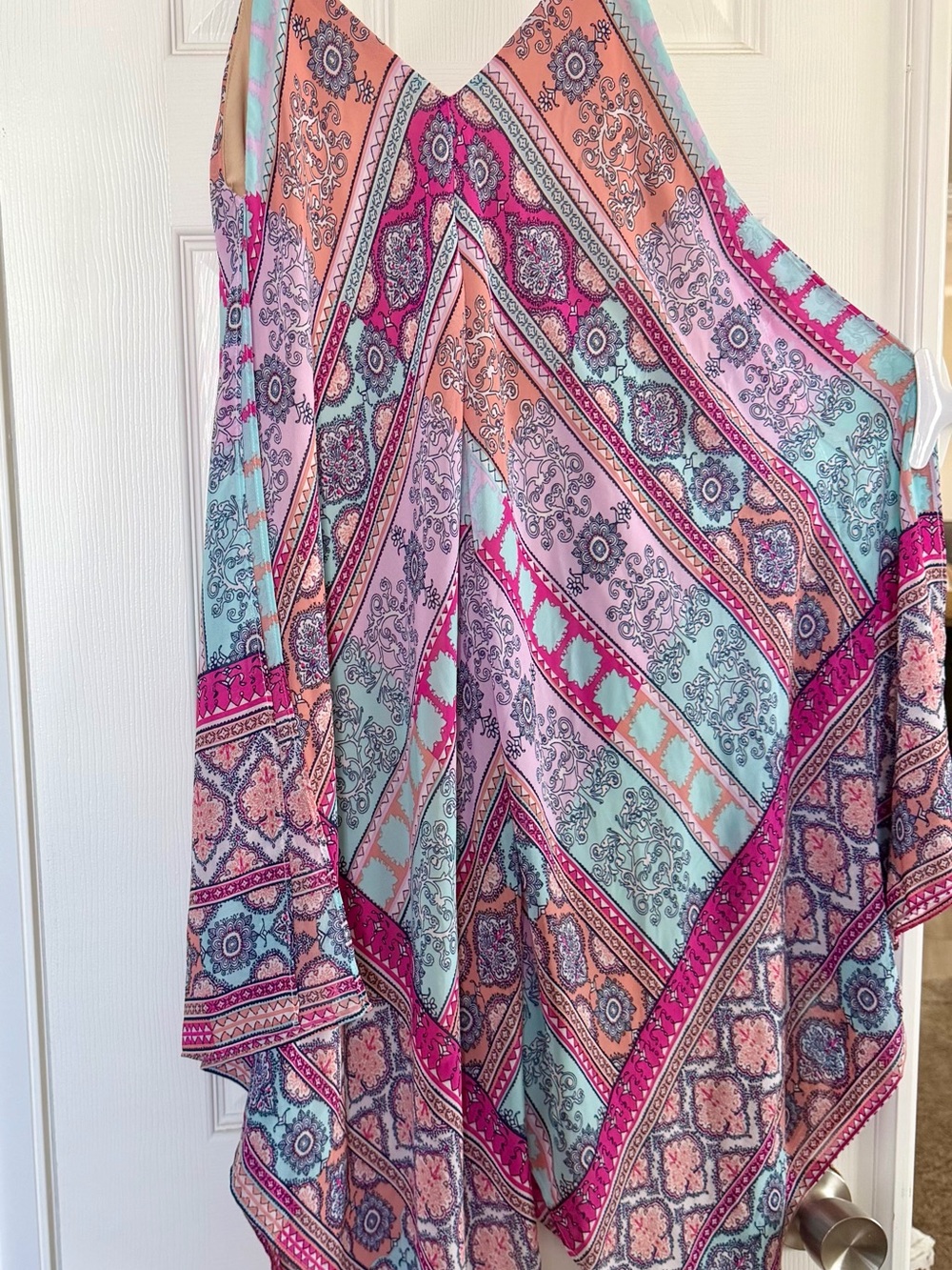Boho V-Neck Midi Dress in Coral, Pink & Aqua